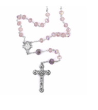 Pink Glass Cut Wood Beads And Miraculous Center Rosary Cross Crucifix - £31.85 GBP
