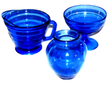 Hazel Atlas Cobalt Blue Glass Moderntone, Creamer, Dessert Bowl, Vase Ribbed - £17.26 GBP