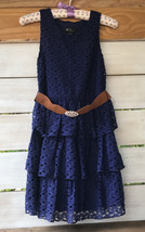 BCX Dress tiered slvls Blue Tween Teen Girl Sz 14 Crochet Lace Poly lined w/belt - £11.72 GBP