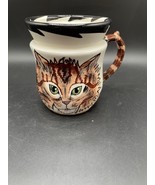 Cats By Nina Lyman Ceramic Coffee Mug Cup Tabby Cat Green Eyes Hand Painted - $18.05