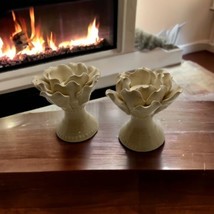 2 Cream Floral Leaf White Candle Holders Crackle Finish Lotus Farmhouse Boho - £12.82 GBP