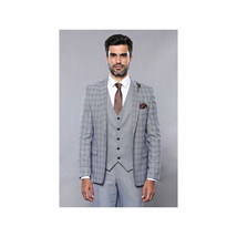 Men 3pc Vest Suit WESSI by J.VALINTIN Extra Slim Fit JV42 Blue Plaid TURKEY USA image 7