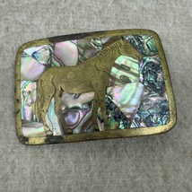 Vintage Mexican Abalone Shell Brass Metal Belt Buckle With Horse Western South - £18.51 GBP