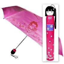 KOKESHI DOLL UMBRELLA Pink Folding w Hard Case Geisha Girl Japanese Lady... - $12.95
