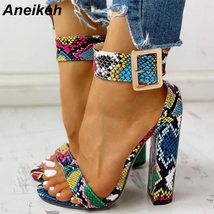 Aneikeh 2021 Leopard Print Women Sandals High Heels Summer Ankle Strap Square He - £37.34 GBP