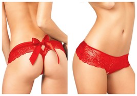 RENE ROFE CROTCHLESS LACE BOW BACK PANTIES RED M/L - £11.74 GBP