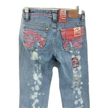 Request Junior&#39;s Jeans Stonewashed Blue Pink Embroidery Crop Size 25&quot; Waist - £19.30 GBP