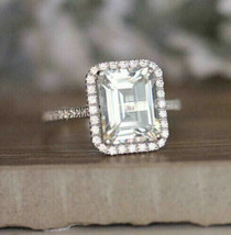 Solid 14k White Gold 2.30Ct Emerald Cut Diamond Halo Engagement Ring in Size 8 - £217.92 GBP