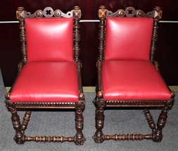 Pair of Renaissance Revival Carved Oak Red Leather Upholstered Chairs on Casters - £393.17 GBP