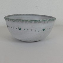 Handmade White Green Round Art Pottery Bowl Hearts Artist Signed 3.25&quot; H x 7&quot; D - £23.34 GBP