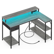L Shaped Computer Desk With Power Outlets & Led Strips, Reversible Corner Desk W - £150.88 GBP