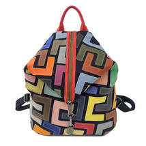 Backpack Genuine Leather Women&#39;s Colorful Cowhide Stitching Backpack Vintage Cas - £68.74 GBP