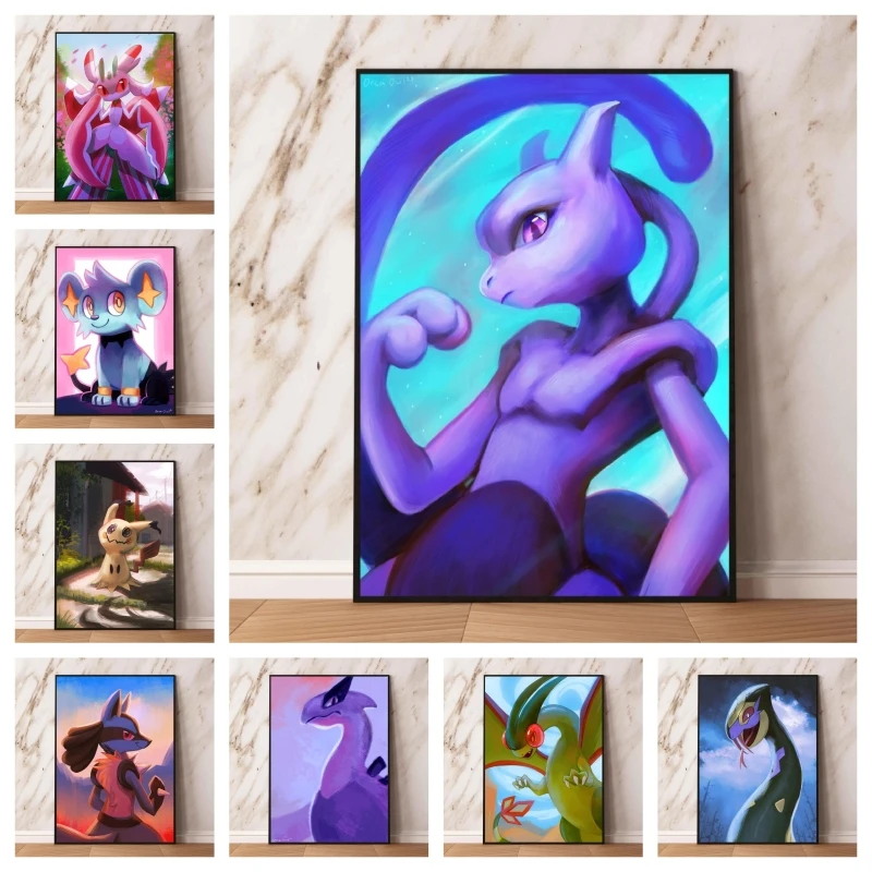 Poster and Painting Anime Pokemon Pikachu Mewtwo Gifts Wall Stickers Decorative - £7.01 GBP+