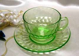 2119 Antique Federal Glass Green Raindrops Teacup N Saucer - $10.00