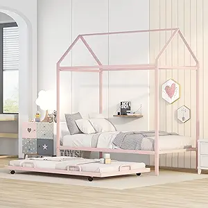 Merax Cute Montessori Bed with Trundle Twin, Metal Low House Daybed for ... - $550.99
