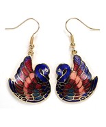 GOLD PLATED CLOISONNE SWAN EARRINGS Blue Love Birds Enamel Hand Painted ... - $146.36 MXN
