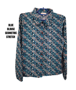 Vintage Y2K BLUE Geometric Print Stretch Blouse Retro Long Sleeve Top Pr... - $63.89