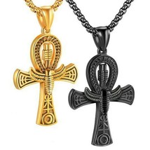 Ancient Egyptian Scarab Ankh Necklace Black Gold Stainless Steel Aunk Pendant - £18.37 GBP