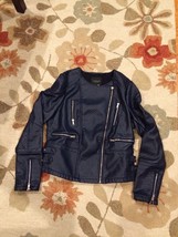 Piperlime Navy Blue Moto Motorcyle Coated Leather Sweater Lined Jacket S - £31.86 GBP
