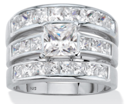 Princess Cut Cz Bridal 3 Ring Set Band Platinum Sterling Silver 6 7 8 9 10 - £239.75 GBP
