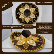 adults brown with gold colors mexican charro sombrero MARIACHI HAT  - £78.17 GBP