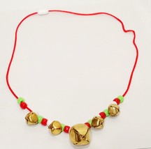 Jingle Bell Beaded Child Christmas Necklace Handmade 26&quot; String Gold Tone Red - £12.05 GBP