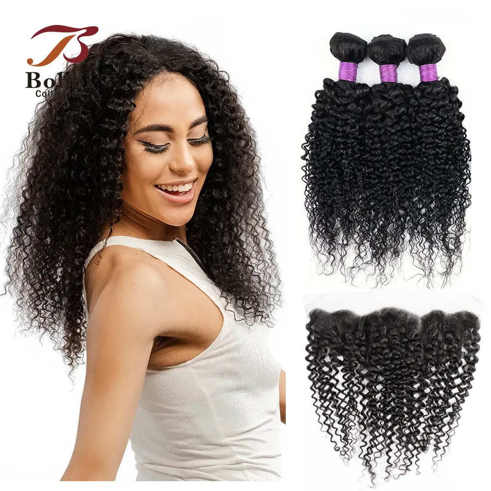 Jerry Curly 3 Bundles with Frontal Transparent Lace 13x4 Closure 60g/pc Remy - £68.13 GBP+