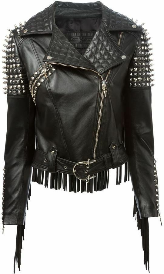 Women's Black Biker Fringed Leather Silver Spike Studded Slim Fit Quilted Jacket