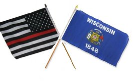 AES 12x18 12&quot;x18&quot; Wholesale Combo USA Red Line &amp; State Wisconsin Stick Flag - £8.69 GBP