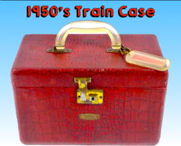 1940&#39;s Ski-Line Train Case Carry-On, Red Alligator Vinyl, Mirror, Lucite Tag - £57.73 GBP