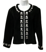 Kenar Women&#39;s Black Genuine Leather Suede Transparent Stone Jacket Blazer Sz 14 - £36.26 GBP