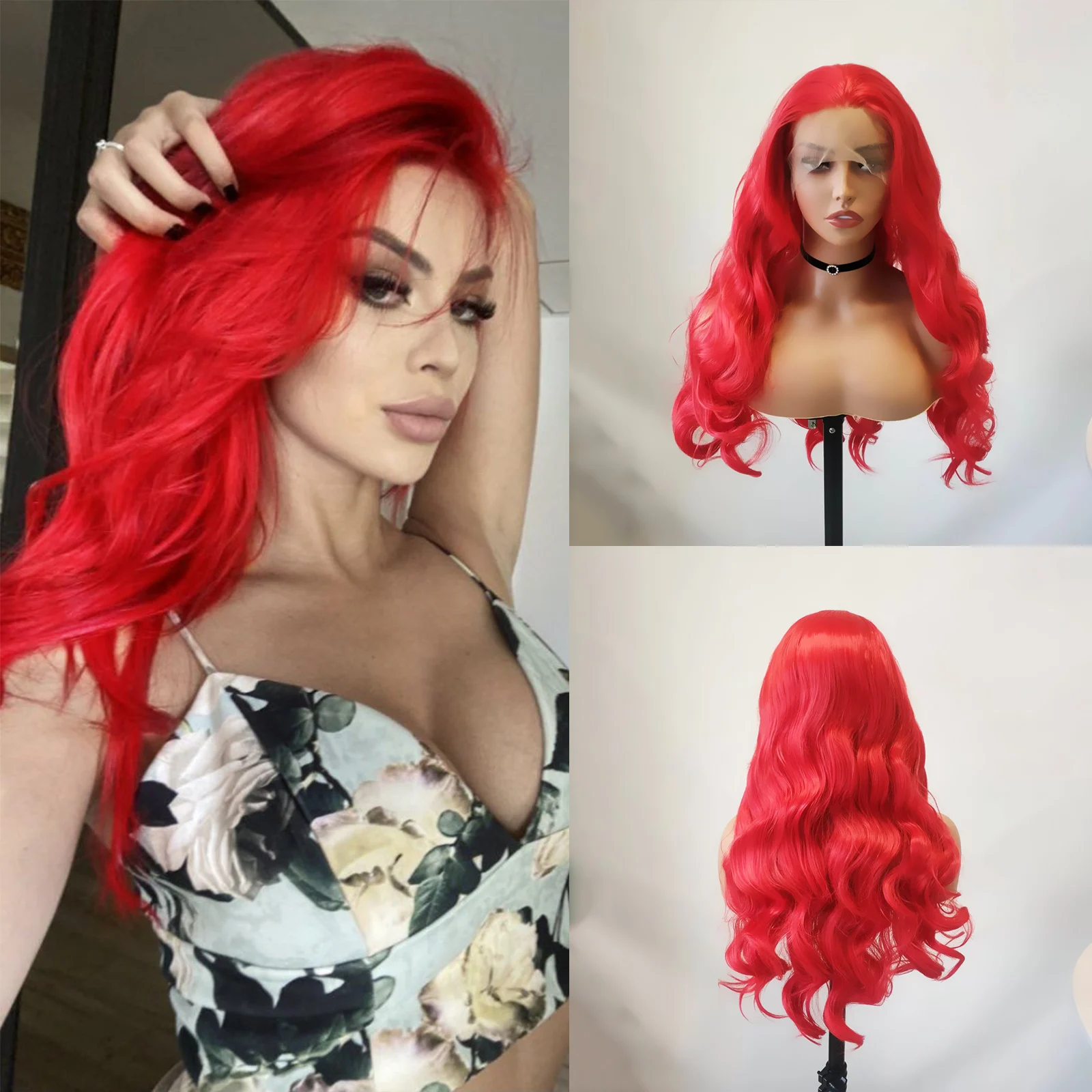 RONGDUOYI Hot Red Wigs Long Wavy Synthetic Lace Front Wig Heat Resistant Fib - £44.66 GBP+