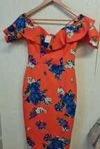 River Island Orange floral Cold Shoulder Bodycon Dress Size 8uk Express Shipping - £18.09 GBP