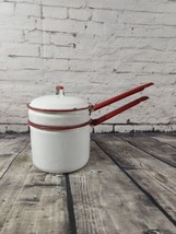 Vintage Enamel Double Boiler Red Trimmed White Porcelain Pot Lidded Lid 3-Piece - $32.99