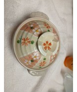 Clay Casserole Dish And Lid w/ pink and white floral design on beige I6 - $24.75