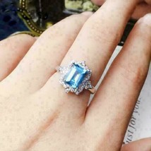 14K Plaqué or Blanc 4Ct Émeraude Simulé Topaze Bleu Anneau Fiançailles Diamant - £113.37 GBP