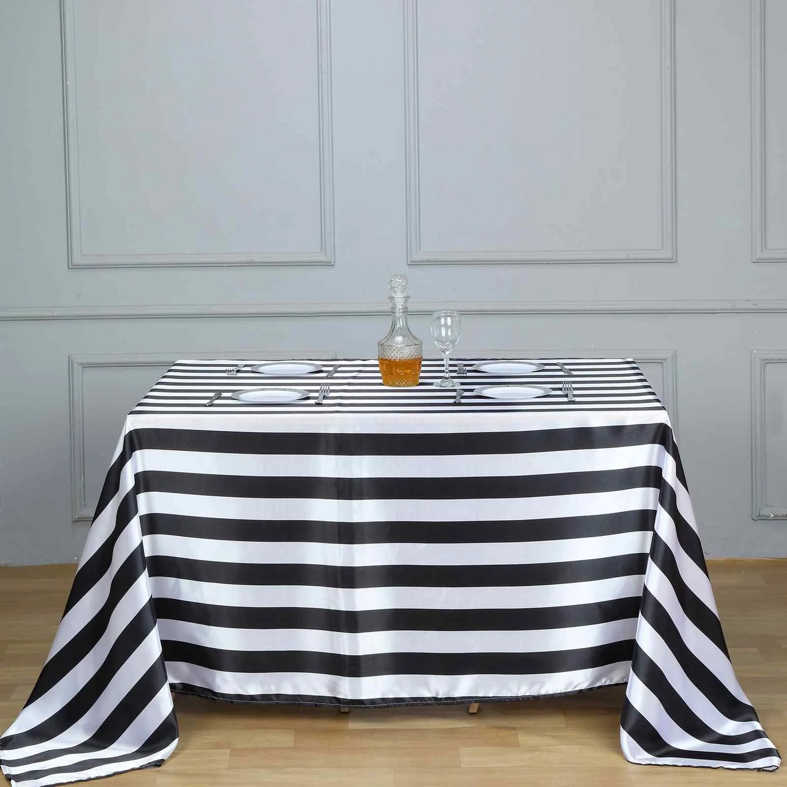 Black White - 60"x102" Rectangle Tablecloth Stripe Satin Seamless For Weddings - £23.72 GBP