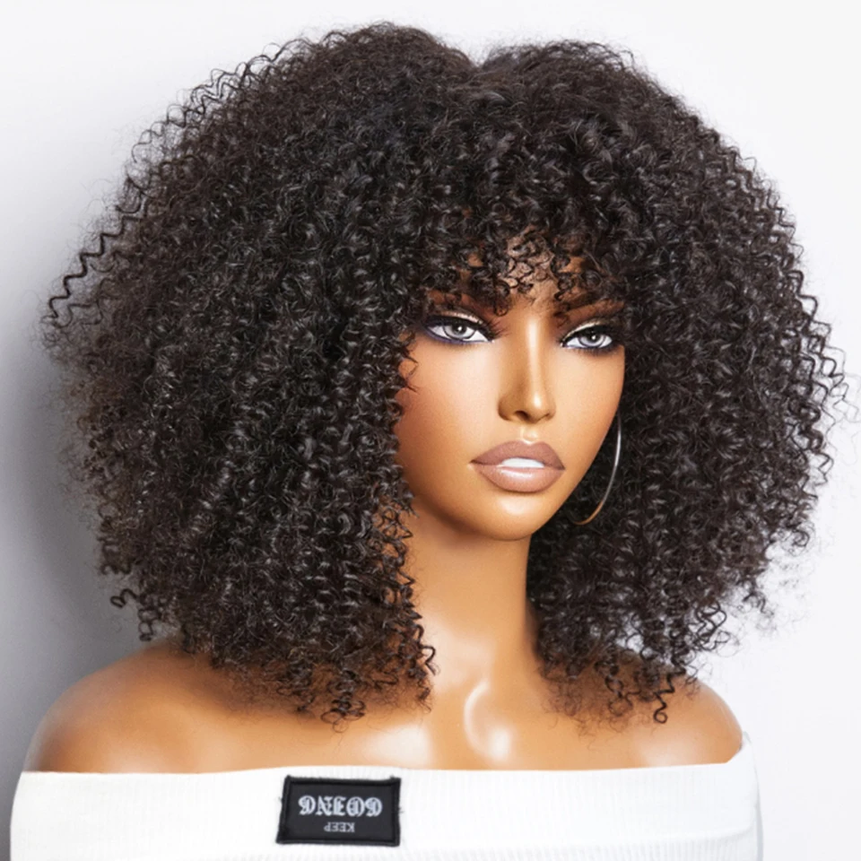 Short Curly Afro Wigs With Bangs For Black Women Human Hair Afro Kinky C... - $67.28+