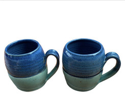 Studio Art Pottery Coffee Mugs Blue 2 Tone Stoneware Cups Hand Crafted S... - $16.79