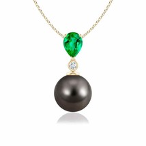 ANGARA Tahitian Pearl &amp; Pear Emerald Drop Pendant in 14K Solid Gold - £864.51 GBP