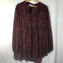 Susan Graver Sz 2x Black Red Floral Paisley Pleated Front Tunic Shirt Polyester - £23.32 GBP