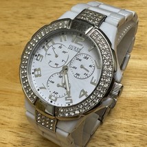 Guess Quartz Watch Women Silver White Rhinestone Day Date Analog New Batter 6.5&quot; - £21.25 GBP