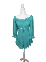 She + Sky Aqua Off-Shoulder Smocked Mini Dress Top Sz S Boho Coquette Ro... - $24.63