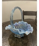 Vtg Fenton Basket Blue Iridescent Opalescent Fan Scalloped Glass Crimped... - $1,485.41 MXN