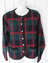 TALLY HO Tartan Plaid Cardigan Sweater Navy Red Green Black Gold Buttons Small - £26.33 GBP