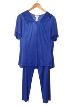 Vanity Fair Nylon Pajamas Size XL Blue Floral Neckline Vintage Button Fr... - £13.36 GBP