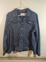 Alfred Dunner Blue Denim Jacket Embroidery Rhinestones Pockets Stretch Size 14 - $23.76