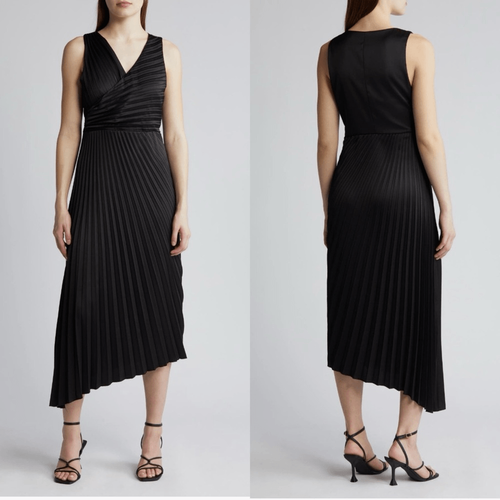 Sam Edelman Pleated Asymmetric Hem Satin Dress, Classic Black, Size 10, NWT