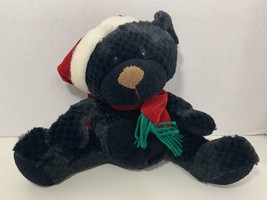 Chrisha Playful Plush small black Christmas teddy bear Santa hat red green scarf - $8.90