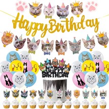 42Pcs Cat Birthday Party Decoration Set, Cat Face Banner Latex Balloons ... - £25.07 GBP